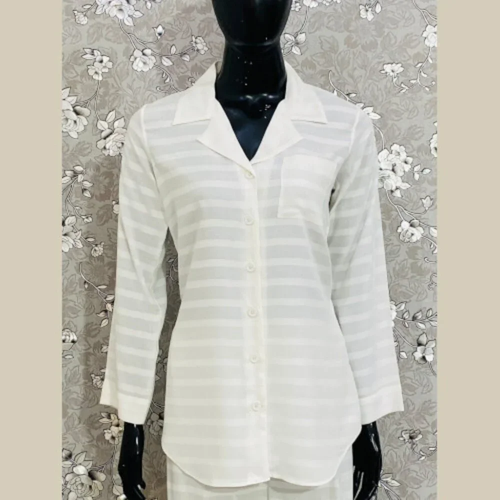 SoieRose Women's 100% Cotton White Self-Stripe Pajama Set - SR-1067 - Picture 4 of 4